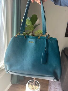 Miu Miu Bright Teal Pebbled Leather Tote with Gold Hardware
